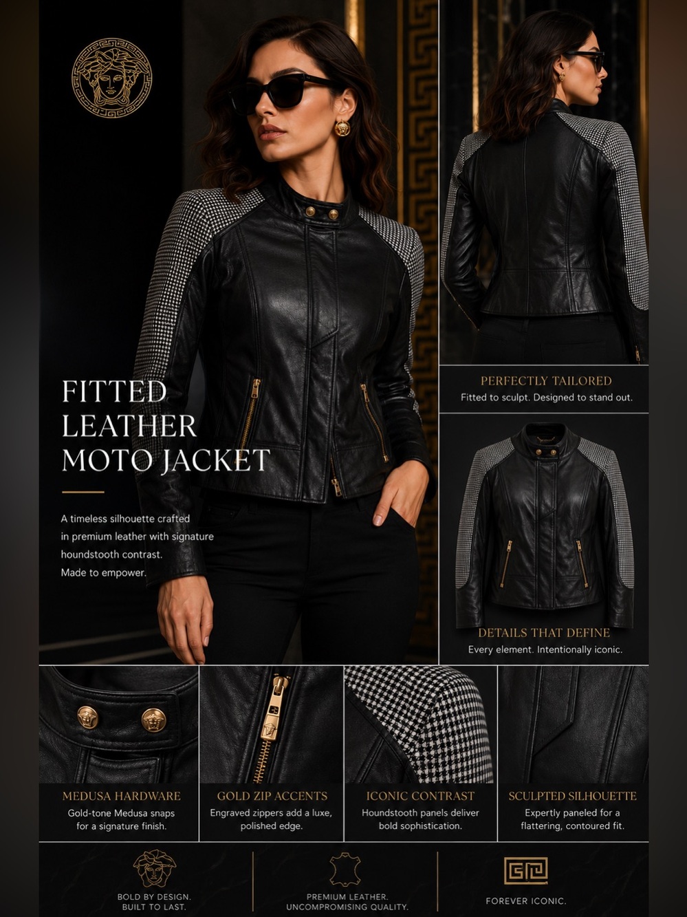 VERSACE Leather Jacket IT 42 Black Moto Houndstooth Sleeve Medusa Italy